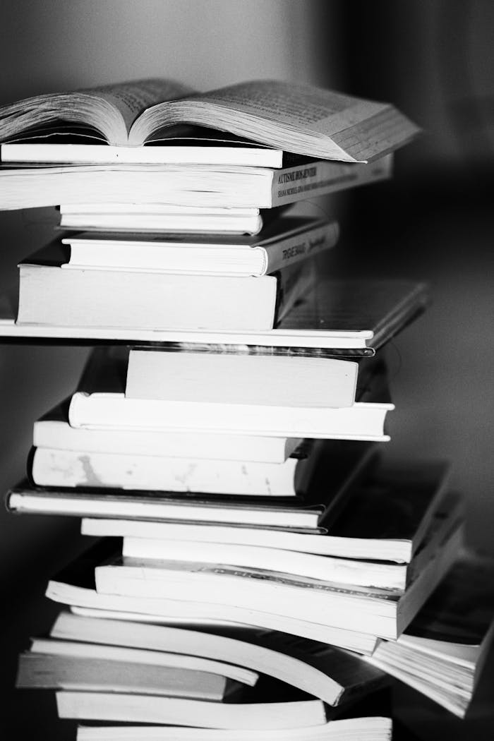 Services-03 A monochrome image of a tall stack of books symbolizing education and knowledge.